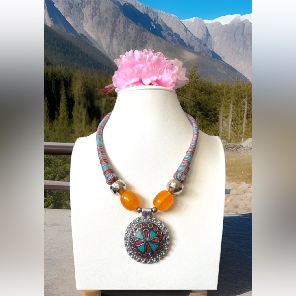 Vintage & Ethnic Tribal Handmade Pendant Necklace With Amber Resin Inlay Stones